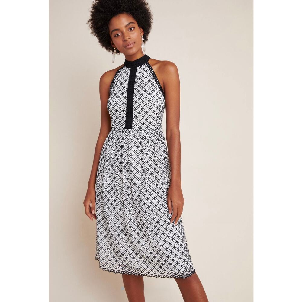 Anthropologie Eri + Ali Ninetta Lace Halter Dress Black White Crochet Sz 12 NWT